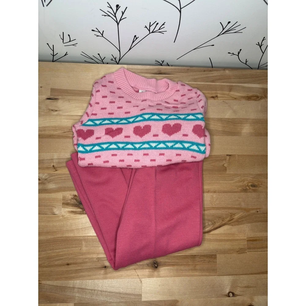 Vintage Aileen Toddler Pink Heart Fair Isle Knit Sweater & Wide Leg Pants Set 4T